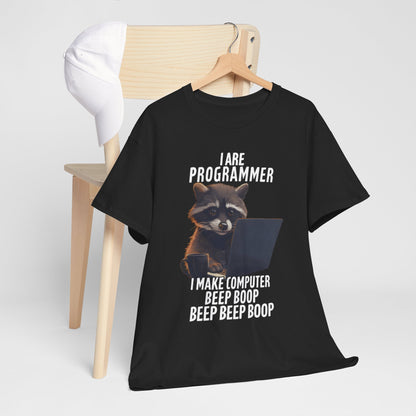 Elegant Funny Raccoon Programmer T-Shirt showcasing the whimsical text 'I Are Programmer' with an adorable raccoon design, suited for coding enthusiasts.