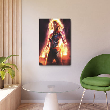 Exquisite Captain Marvel Metal Art Poster showcasing a striking image of the superhero, radiating powers in a modern interior design setting.