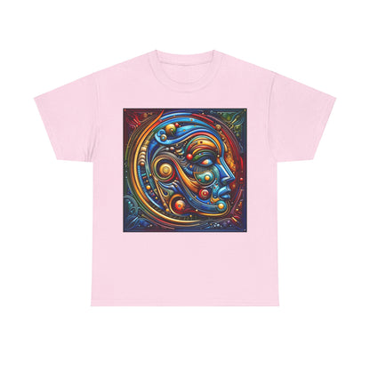 Stained Glass Dreams Unisex T-Shirt in soft pink displaying an exquisite graphic of a human face, adorned with a stunning array of colors and detailed elements inspired by stained glass artistry.