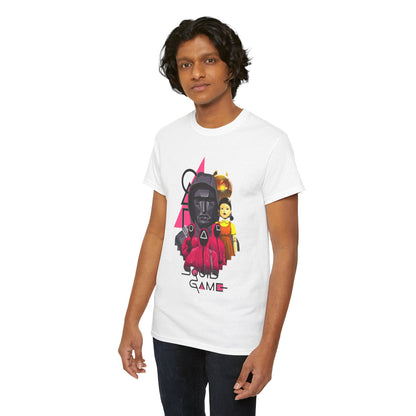 Stylish white unisex graphic tee featuring a vibrant design inspired by the popular Netflix series Squid Game, depicting iconic characters and elements that make a striking fashion statement.