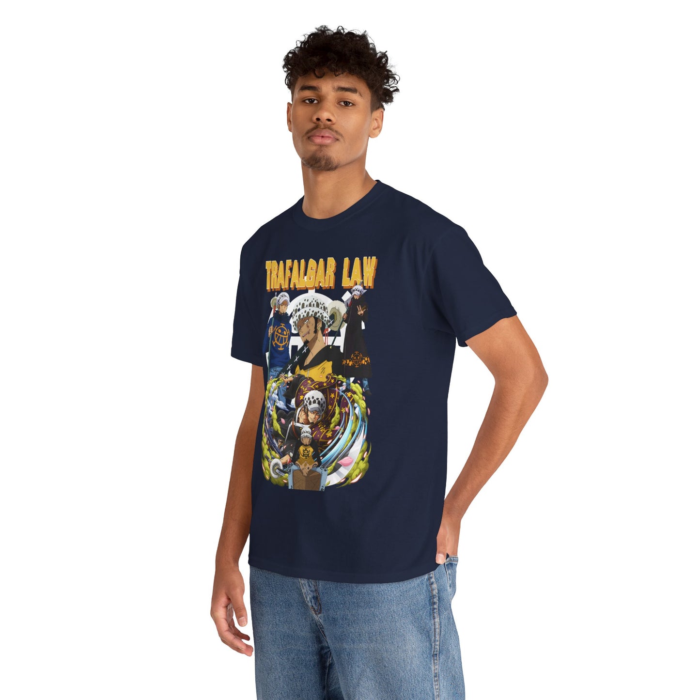 Model showcasing a luxury navy blue t-shirt with an eye-catching 'Trafalgar Law' graphic print, ideal for casual or anime-loving fashion.