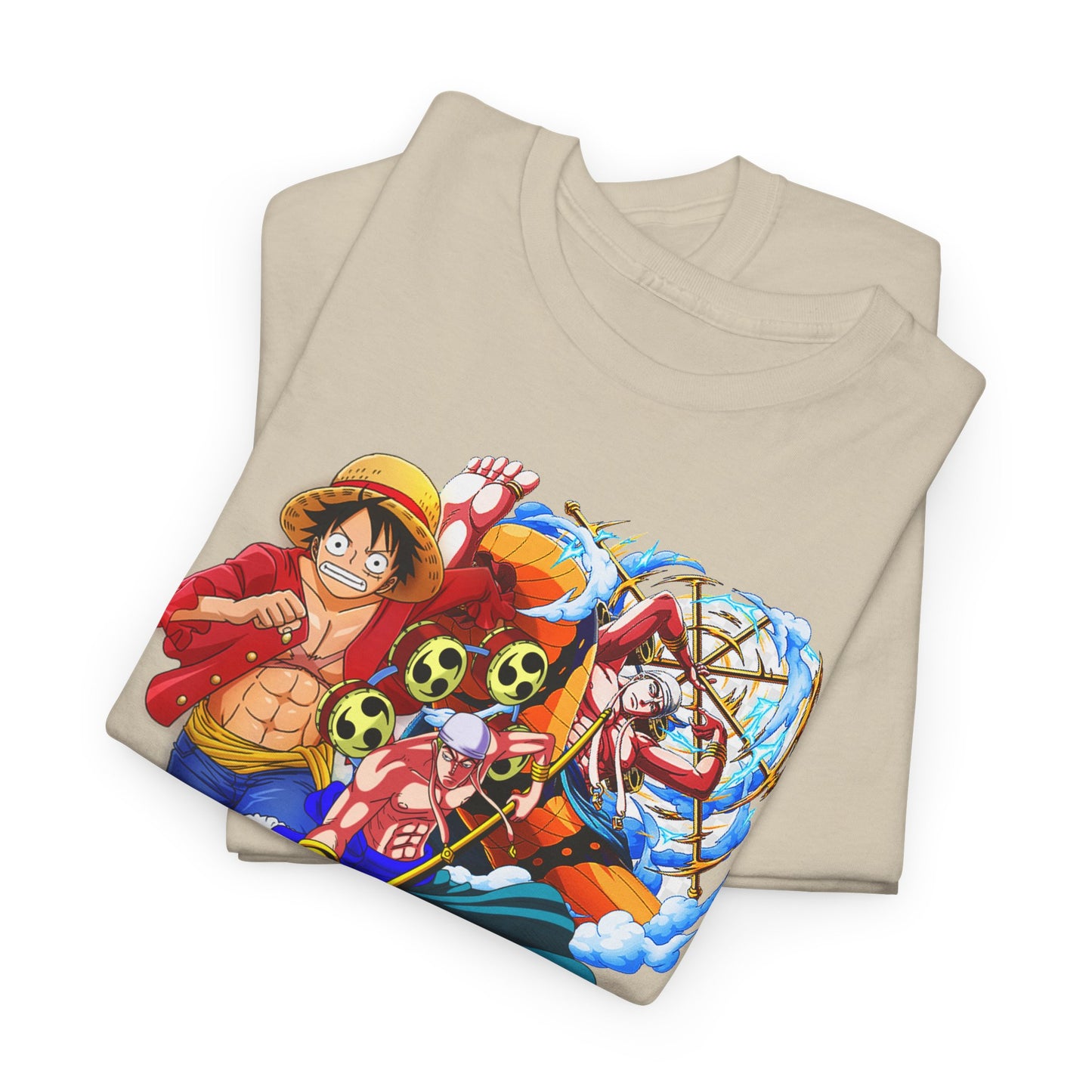 Stacked view of two men's t-shirts in beige, prominently featuring vibrant anime characters, perfect for fans looking to elevate their wardrobe.