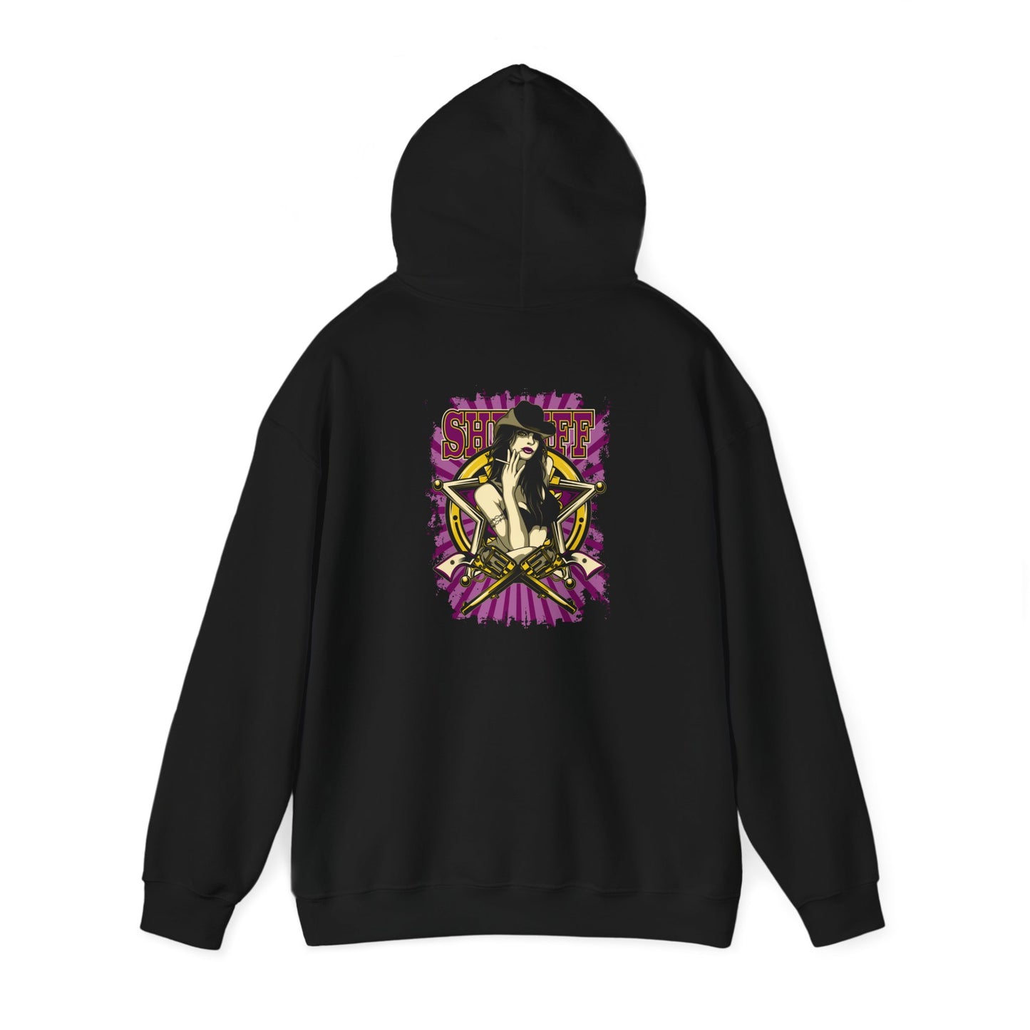 Dramatic black hoodie adorned with an edgy sheriff graphic, highlighting a confident figure with revolvers, set against a vibrant background.