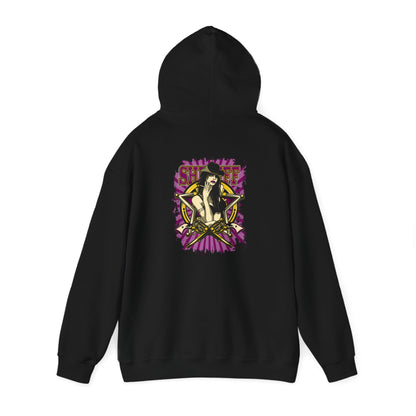Dramatic black hoodie adorned with an edgy sheriff graphic, highlighting a confident figure with revolvers, set against a vibrant background.
