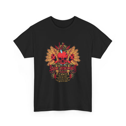 Elegant black t-shirt with a striking red and gold skull design, featuring baroque wings and 'Never Surrender' text, ideal for making a fashion statement.