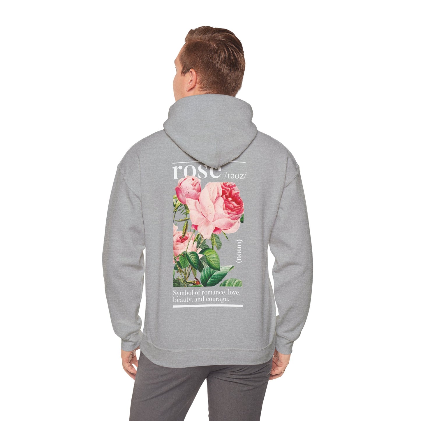Luxurious back view of a grey hoodie featuring a vibrant botanical rose design, showcasing intricate pink and red roses along with bold typography. A perfect blend of style and comfort for the modern fashionista.