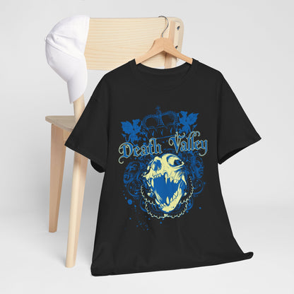 Chic black t-shirt with a striking skull graphic and 'Death Valley' text displayed creatively with a white cap on a rustic wooden chair, embodying modern gothic fashion.