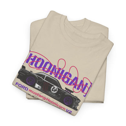 Stacked view of two luxurious beige Ford Mustang Hoonicon V2 graphic tees, showcasing striking designs and vibrant purple accents, perfect for car enthusiasts.