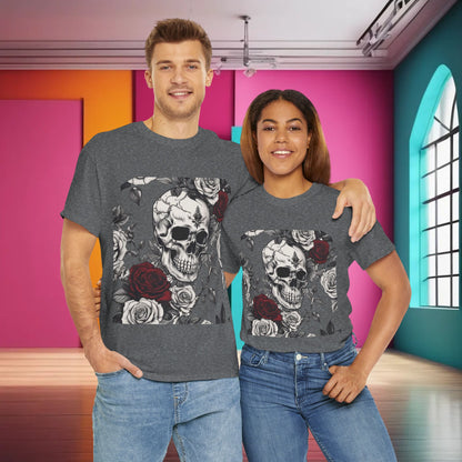 A couple wearing the Skulls and Roses Cotton Tee, embodying contemporary alternative fashion in a vibrant indoor setting.