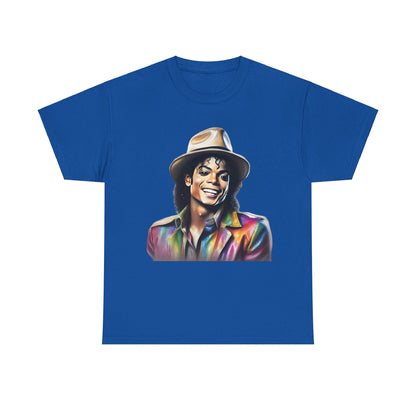 Michael Jackson Close-Up Portrait Graphic Unisex Tee – Luxurious Art Tribute T-Shirt, illustrating a radiant portrait of Michael Jackson smiling in a colourful jacket and hat on a bright blue background.