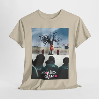 Luxurious Squid Game graphic tee featuring iconic imagery from the hit series, elegantly crafted in cotton. The design captures the suspenseful essence of the show, showcasing a haunting tree backdrop with stylised characters, perfect for fashion-forward fans seeking to make a bold statement.