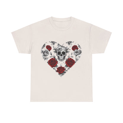 Elegant Skulls and Roses Cotton Tee presented in an off-white hue, showcasing a bold heart design intertwined with skulls and roses, perfect for making a statement.