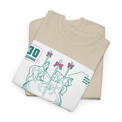 Elegantly folded unisex Squid Game t-shirts featuring a whimsical carousel design, encapsulating a unique blend of comfort and style.