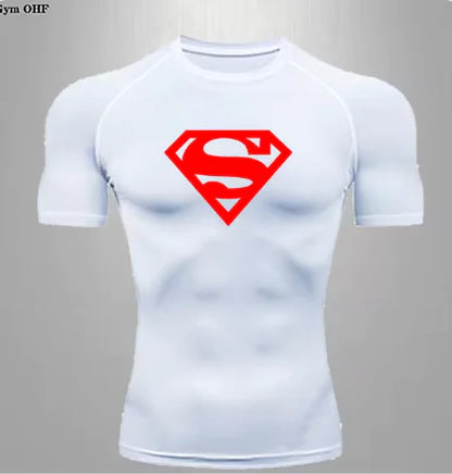 Sophisticated white quick dry compression t-shirt with a vibrant red Superman logo, tailored for men's performance wear in sports and fitness.