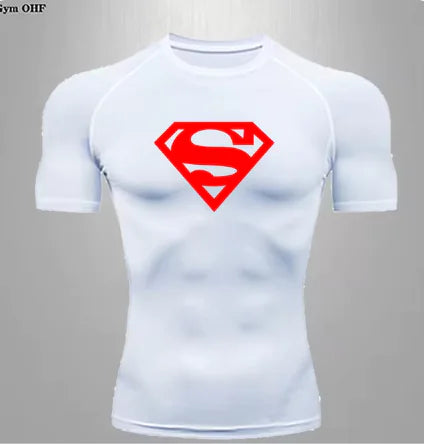 Exclusive men's compression t-shirt in pristine white with a striking red Superman emblem, crafted for ultimate comfort and sweat management during workouts.