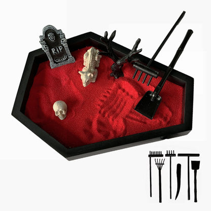 Exquisite Halloween Sand Table Decoration Micro Landscape Sandbox Crafts displaying vibrant red sand, adorned with a tombstone and intricate skeleton detail, perfect for festive elegance.