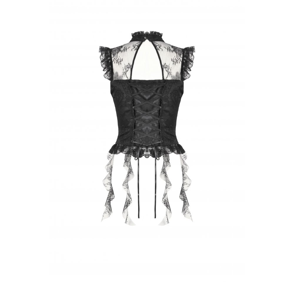 Detailed view of the delicate ruched panels on the Dark in Love Seraphina Black Blouse, highlighting its Victorian-inspired design and luxe satin fabric.