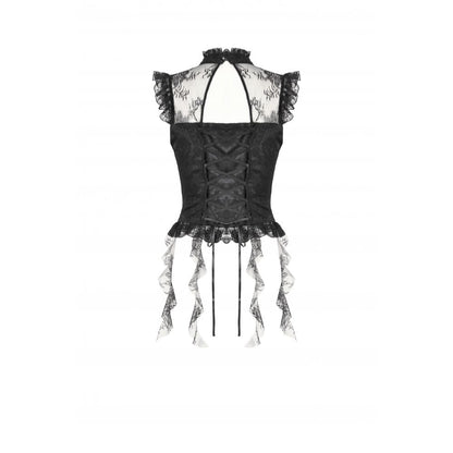 Detailed view of the delicate ruched panels on the Dark in Love Seraphina Black Blouse, highlighting its Victorian-inspired design and luxe satin fabric.