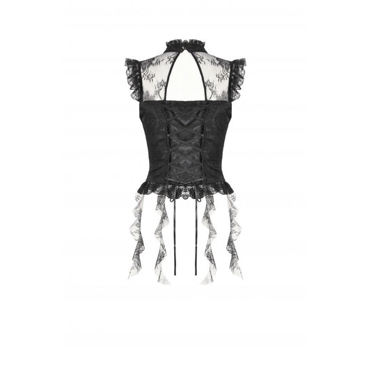 Detailed view of the delicate ruched panels on the Dark in Love Seraphina Black Blouse, highlighting its Victorian-inspired design and luxe satin fabric.