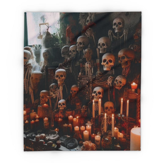 High-end Halloween Arctic fleece blanket showcasing a finely crafted arrangement of skulls and candles, ideal for creating a sophisticated and spooky atmosphere during the Halloween festivities.