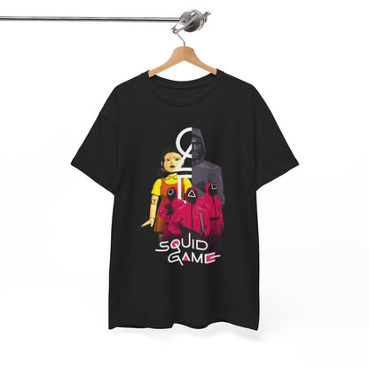 Designer Squid Game tee artistically displayed on a wooden hanger, highlighting its fashion-forward design and quality.