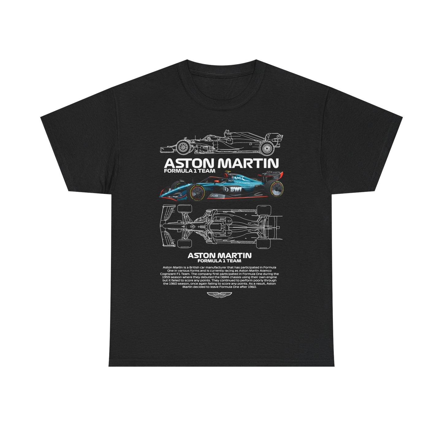 Elegant Aston Martin Formula 1 Team men's T-shirt in black, featuring a striking illustration of a race car and the classic Aston Martin branding in bold lettering.