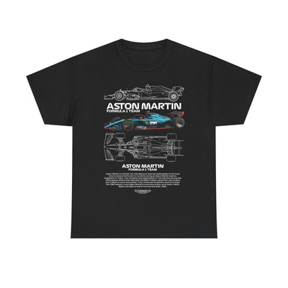 Luxurious Aston Martin Formula 1 Team men's T-shirt in black featuring a detailed graphic of the race car along with intricate illustrations of its components.