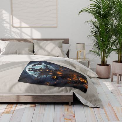 Decorative and Warm Halloween Spooky Arctic Fleece Blanket artistically arranged on a bed setting, adding a touch of luxury and festive spirit to the bedroom.