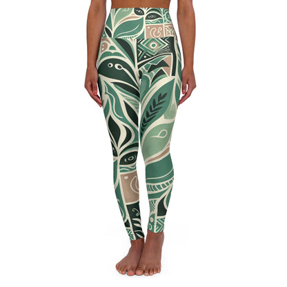 Thea Sinclair high-waisted yoga leggings in pastel green with modern block prints, designed by Dazzling Dreams Studio for luxury activewear.