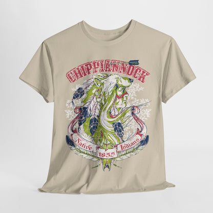 Elegant Native American heritage t-shirt presented flat, highlighting a striking wolf headdress illustration with rich colours and cultural significance.
