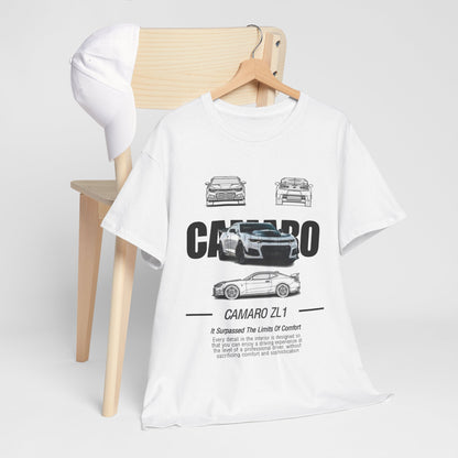 Men's Camaro ZL1 T-Shirt displayed on a wooden chair with a matching white cap, showcasing performance and comfort in a stylish unisex tee design.