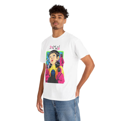 Elegant unisex white graphic T-shirt modelled by a young man, displaying a colourful design inspired by popular series, ideal for fashion-forward individuals looking to make a statement.