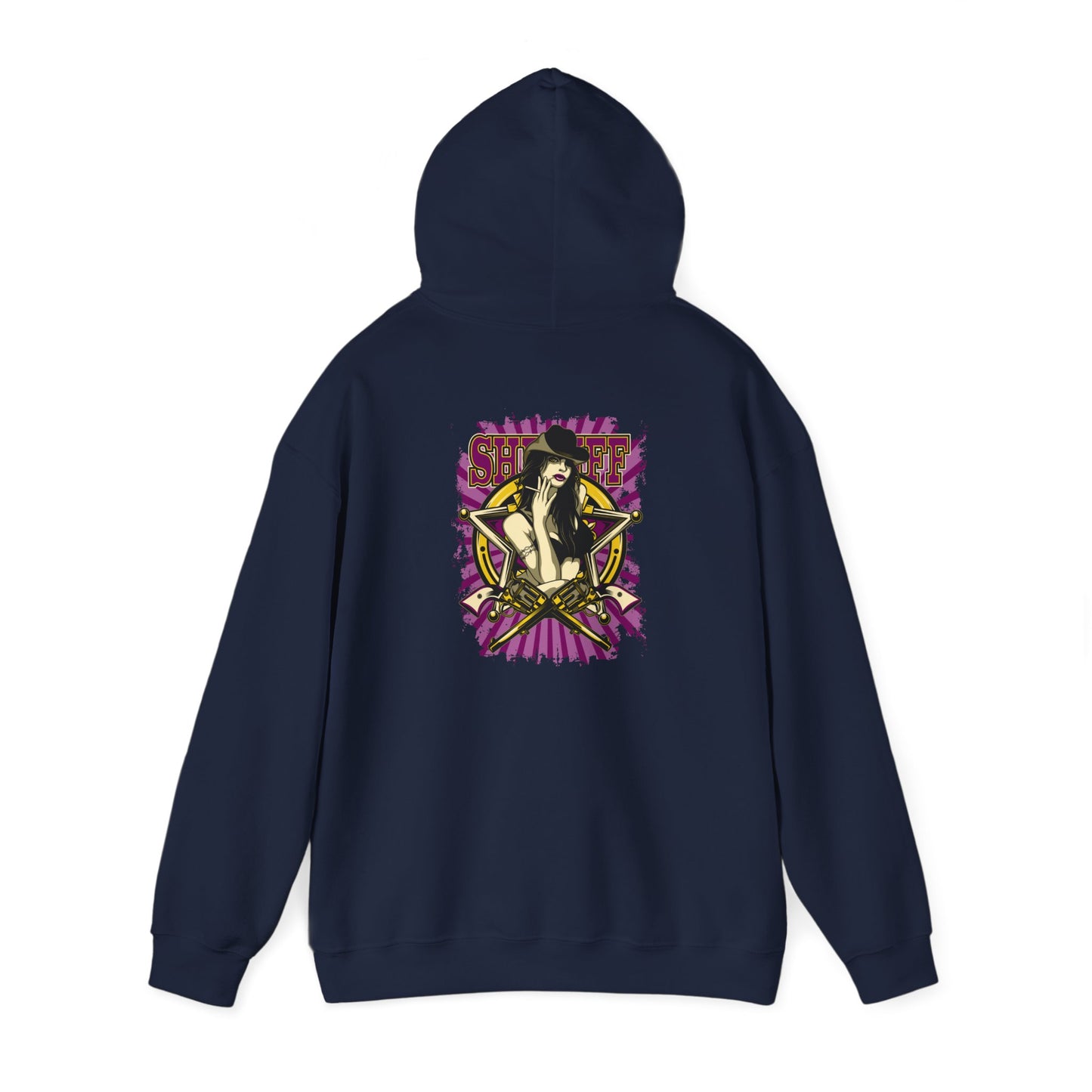 Empowered Sheriff Back Print Hoodie featuring a striking graphic design of a fierce female figure with cowboy hat and crossed revolvers, in a rich navy colour with bold purple accents.