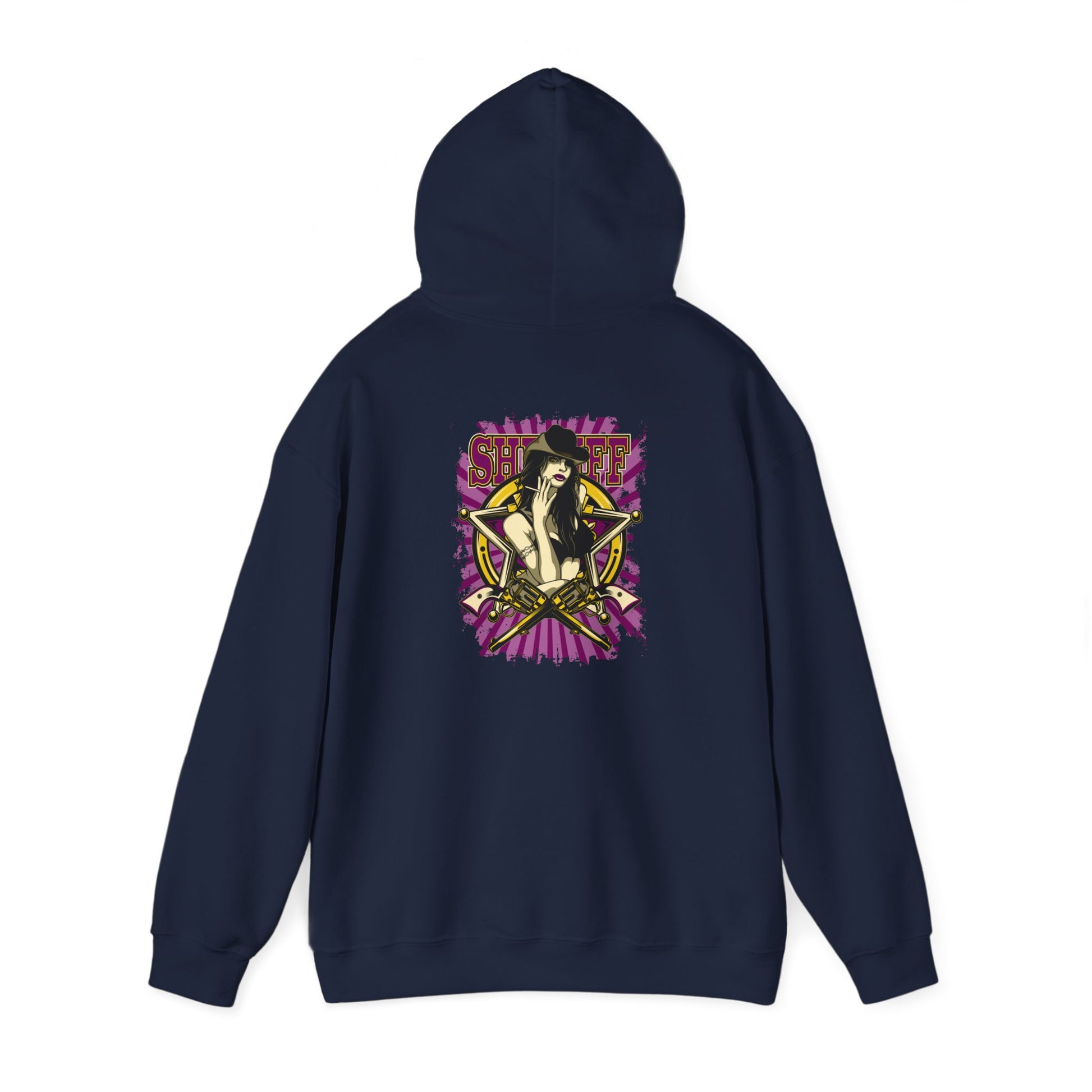 Empowered Sheriff Back Print Hoodie featuring a striking graphic design of a fierce female figure with cowboy hat and crossed revolvers, in a rich navy colour with bold purple accents.