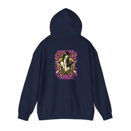 Empowered Sheriff Back Print Hoodie featuring a striking graphic design of a fierce female figure with cowboy hat and crossed revolvers, in a rich navy colour with bold purple accents.