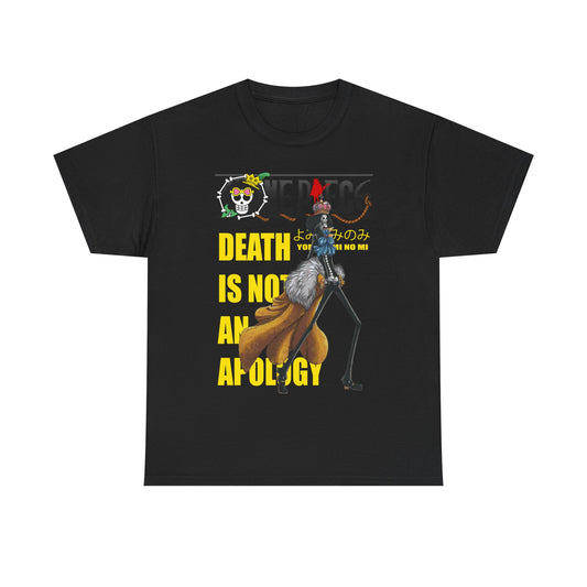 Elegant black graphic t-shirt showcasing an intricate design of a skeleton character from anime, paired with bold lettering 'DEATH IS NOT AN APOLOGY'. A perfect choice for discerning fans wanting to express their passion for anime.
