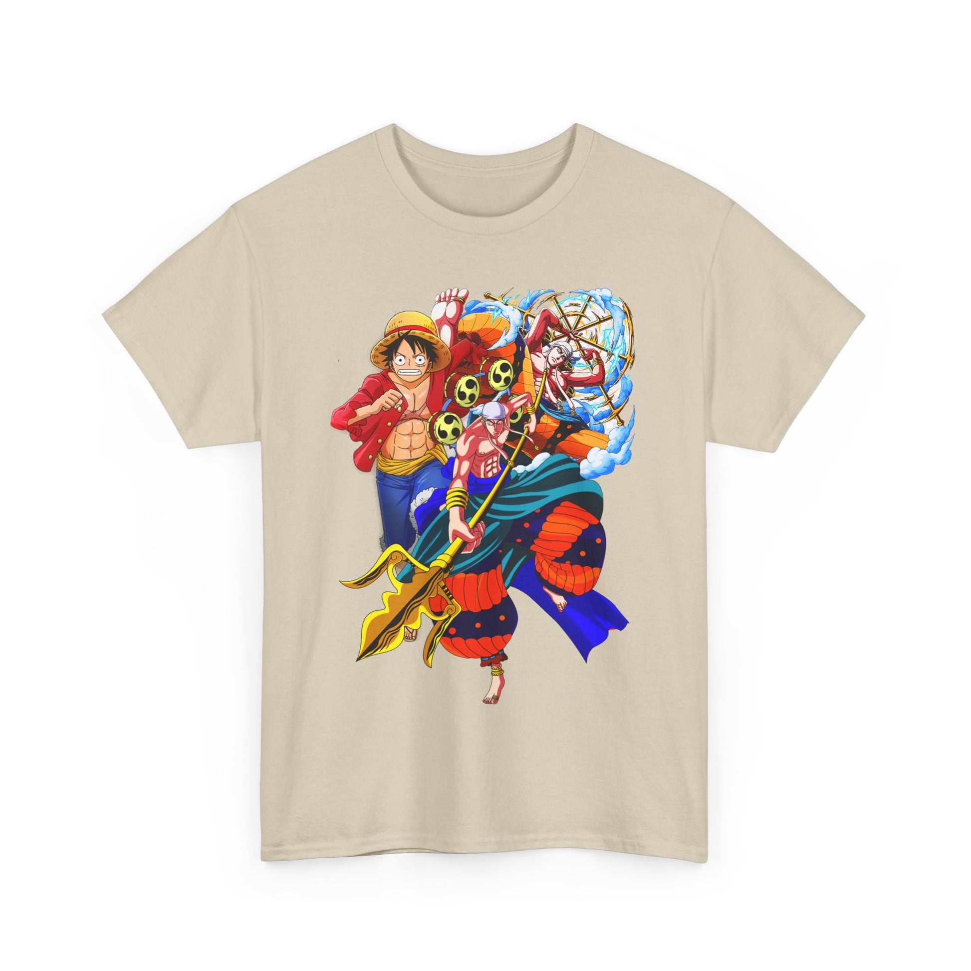 Men's t-shirt in a soft beige hue, adorned with striking anime artwork, ideal for showcasing a passion for captivating adventures.