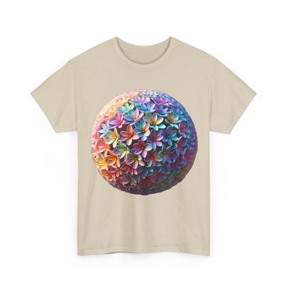 Front view of the Iridescent Floral Sphere Unisex Cotton Tee Graphic T Shirt, illustrating a stunning iridescent floral sphere design that captivates with vibrant hues.