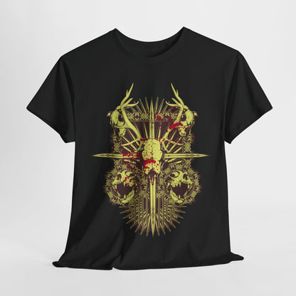 Men's black t-shirt featuring a striking artistic design of a skull and antlers, inspired by Game of Thrones, showcasing an intricate emblem that embodies strength and elegance.