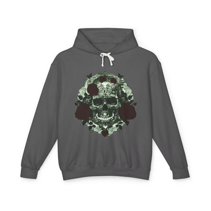 Unisex Lightweight Hooded Sweatshirt in dark grey highlighting the exclusive designer skull and roses artwork.