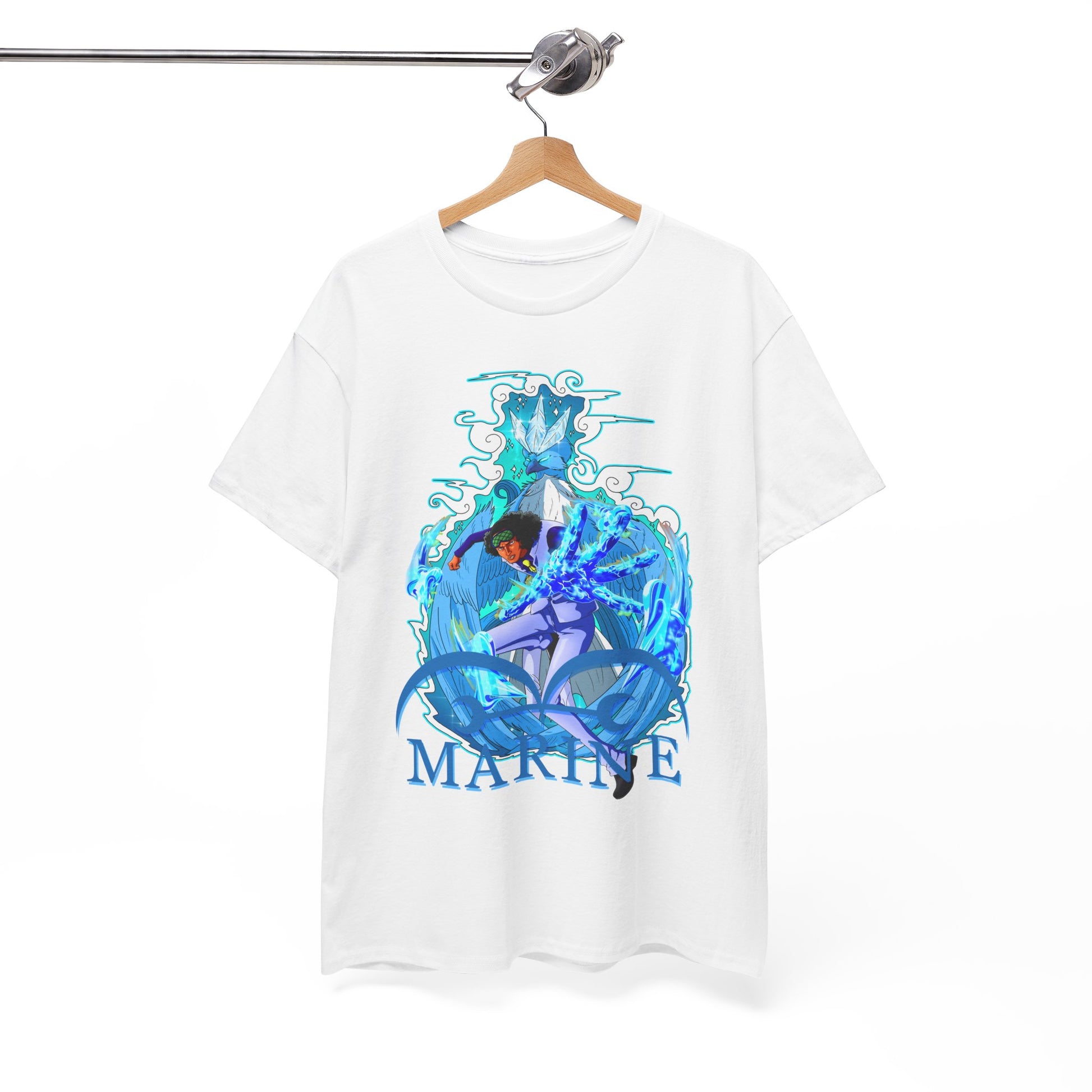 Elegantly hung white t-shirt featuring a captivating marine anime graphic, embodying artistry and fashion for discerning fans.