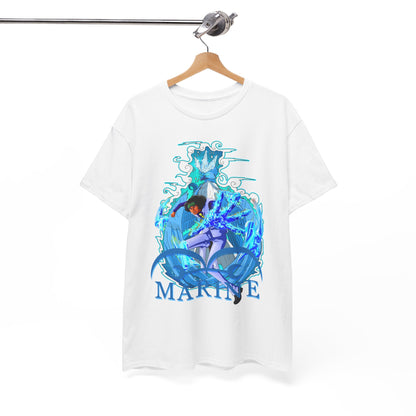 Elegantly hung white t-shirt featuring a captivating marine anime graphic, embodying artistry and fashion for discerning fans.