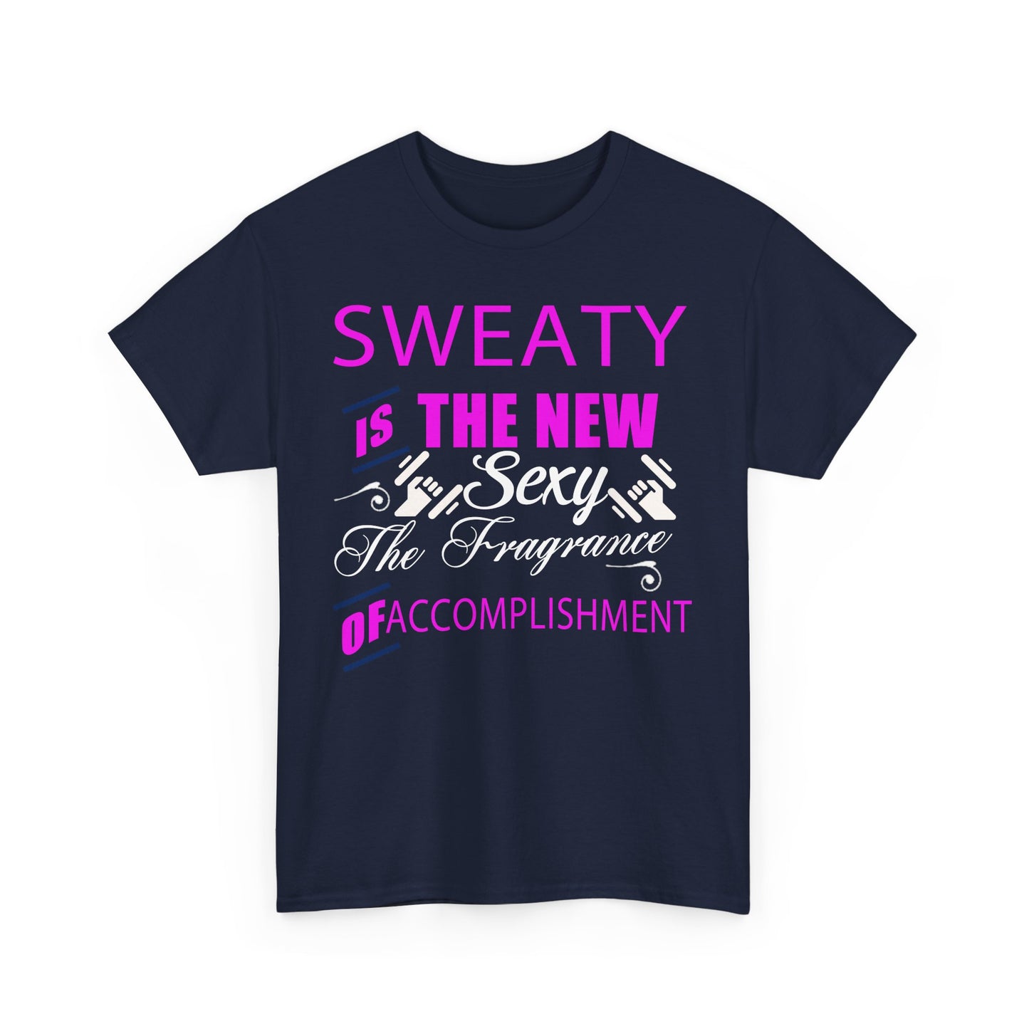 Trendy navy women's t-shirt with motivational graphic 'SWEATY IS THE NEW SEXY', designed for the discerning fitness lover.