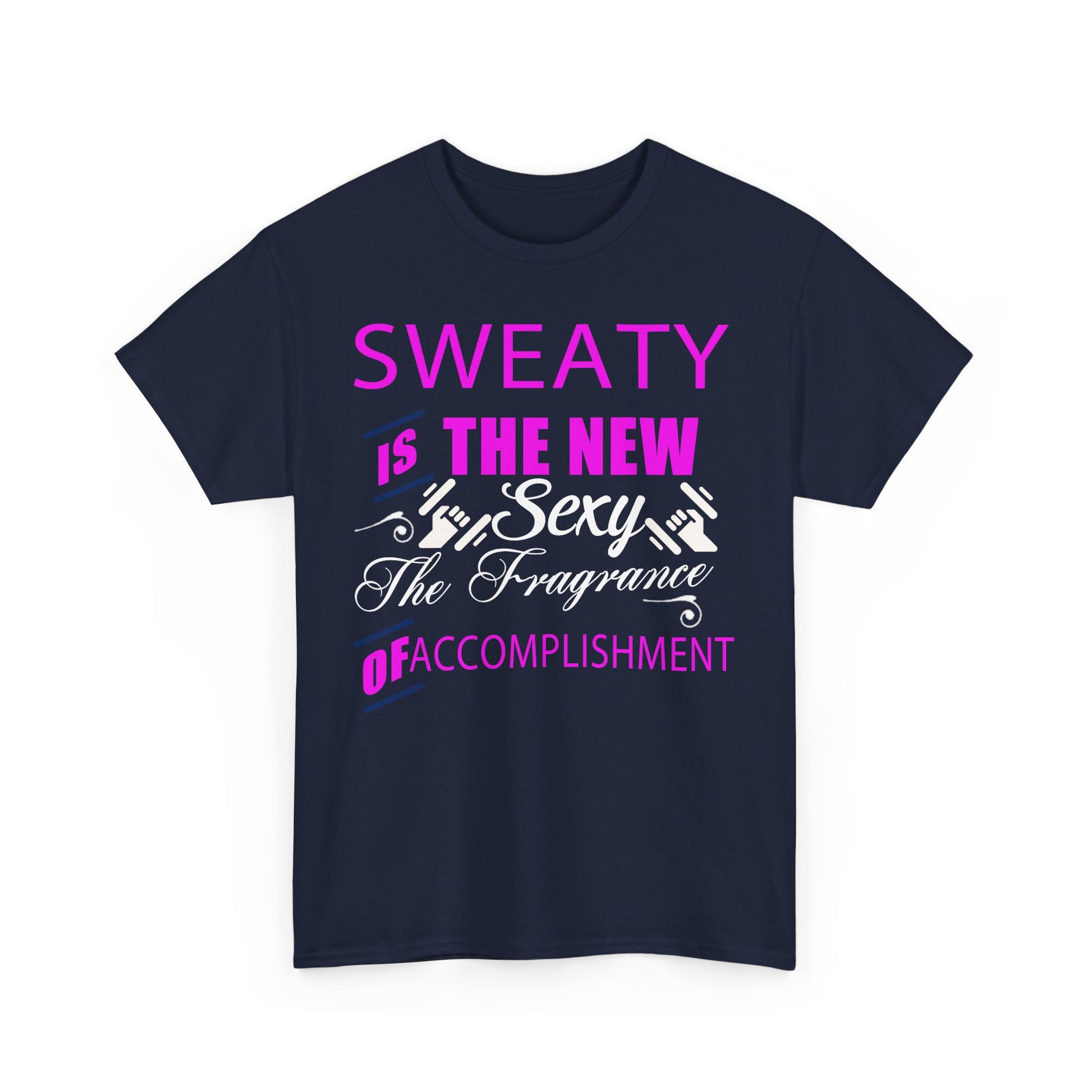 Trendy navy women's t-shirt with motivational graphic 'SWEATY IS THE NEW SEXY', designed for the discerning fitness lover.