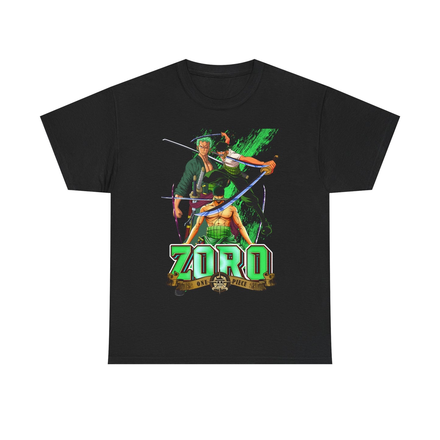 Elegant One Piece Zoro Graphic T-Shirt in Black showcasing striking illustrations of beloved anime characters, ideal for stylish outings.