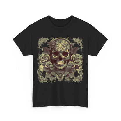 Front view of the Skulls and Roses Cotton Tee in black with a detailed skull and roses graphic, a luxurious choice for unique style expression.