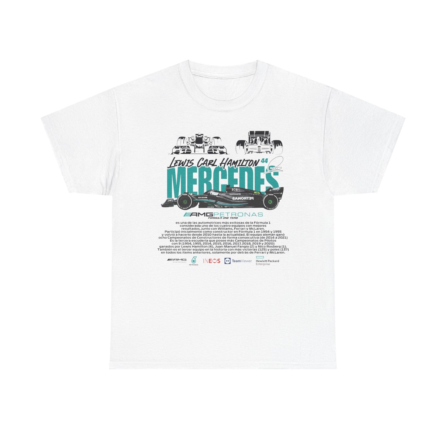 Luxury white tee featuring striking graphics celebrating Lewis Hamilton's legacy with the Mercedes AMG Petronas Formula 1 team, showcasing the iconic number 44 and stylish automotive design.