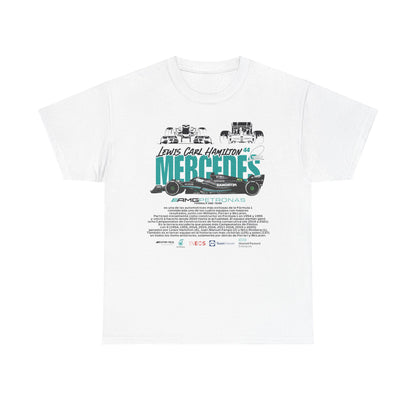 Luxury white tee featuring striking graphics celebrating Lewis Hamilton's legacy with the Mercedes AMG Petronas Formula 1 team, showcasing the iconic number 44 and stylish automotive design.