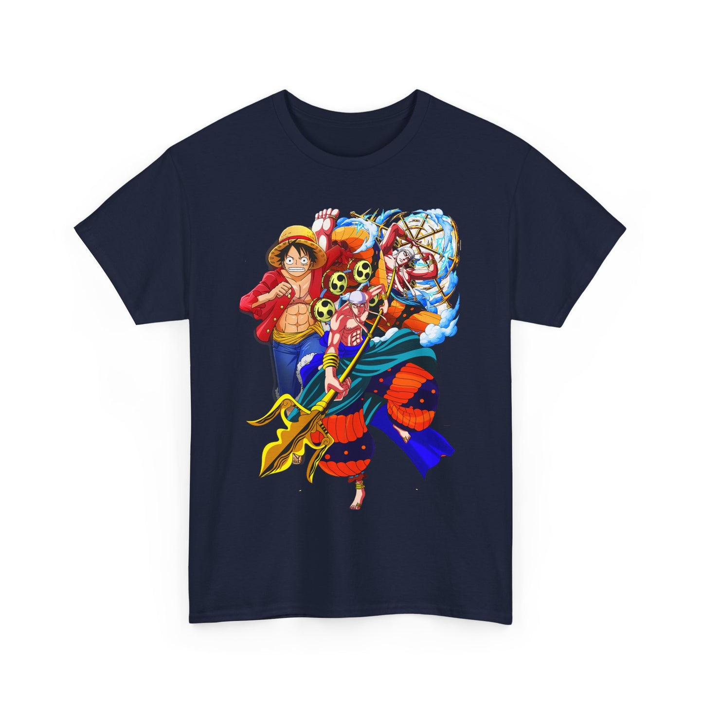 Elegant navy men's t-shirt displaying striking anime artwork with dynamic characters, ideal for fashion-forward anime enthusiasts.