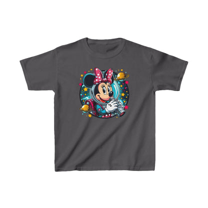 Child's Blast Off with Minnie Mouse Unisex Graphic Tee Shirt Kids featuring a vibrant Minnie Mouse in a spacesuit surrounded by stars and planets, perfect for adventurous young fashion enthusiasts.